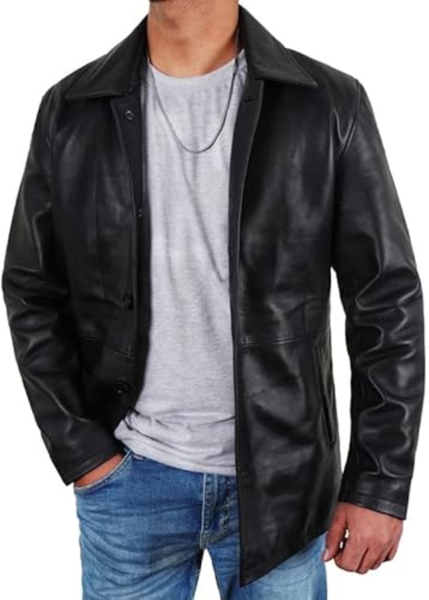 Picture of our Trench Coat Mens Black Leather Trench Coat, Front view, not buttoned.