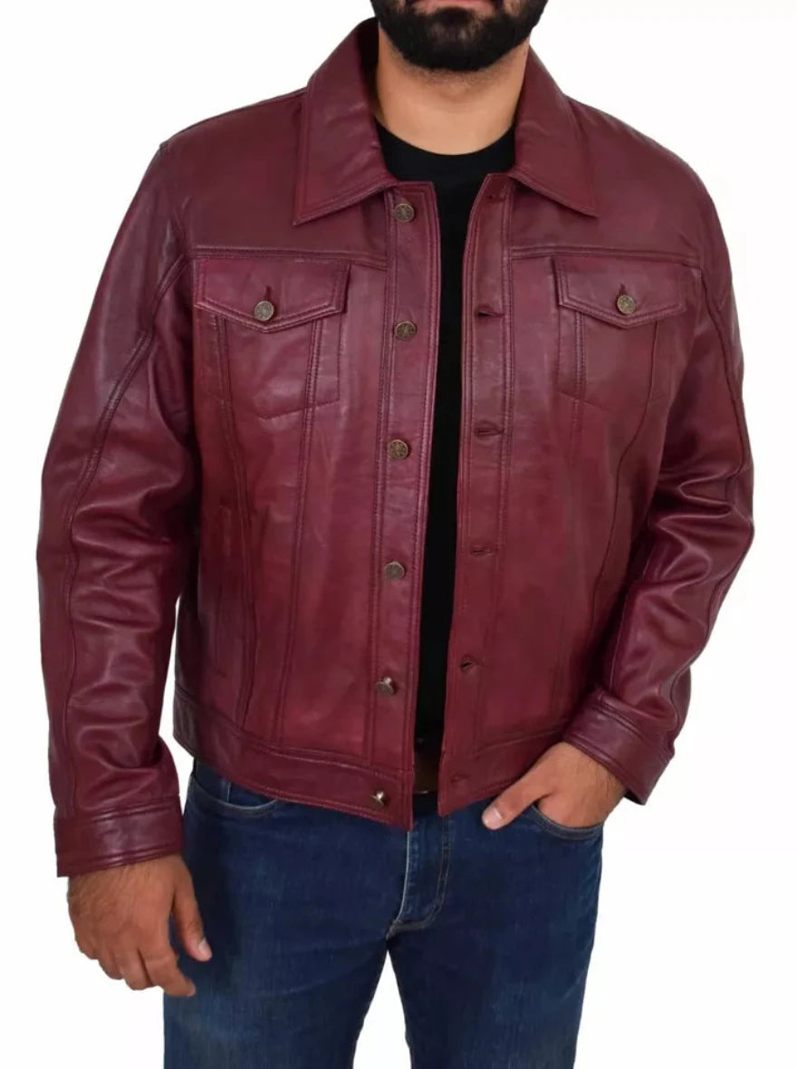 Picture of our Trucker Leather Jacket Mens | Maroon, on a model, front view.