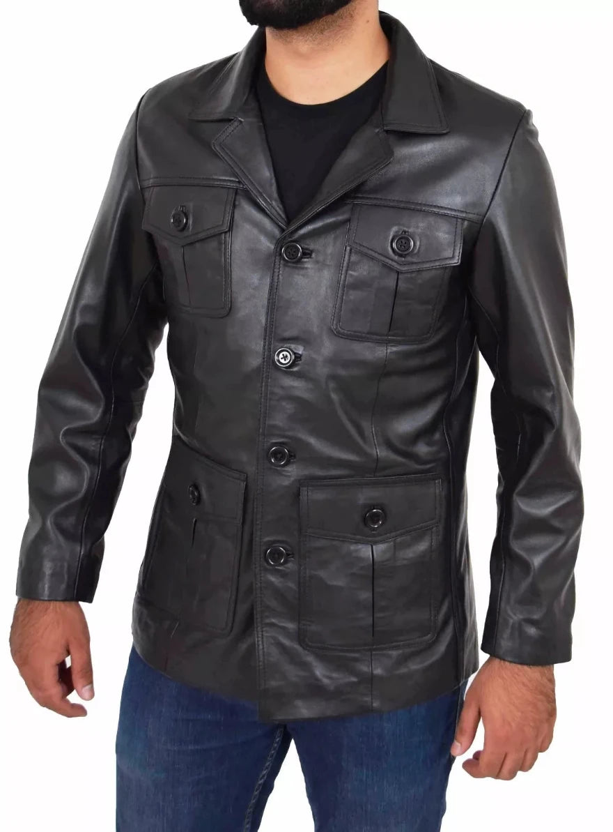 Picture of a model waring our Black Trucker leather jacket side view.