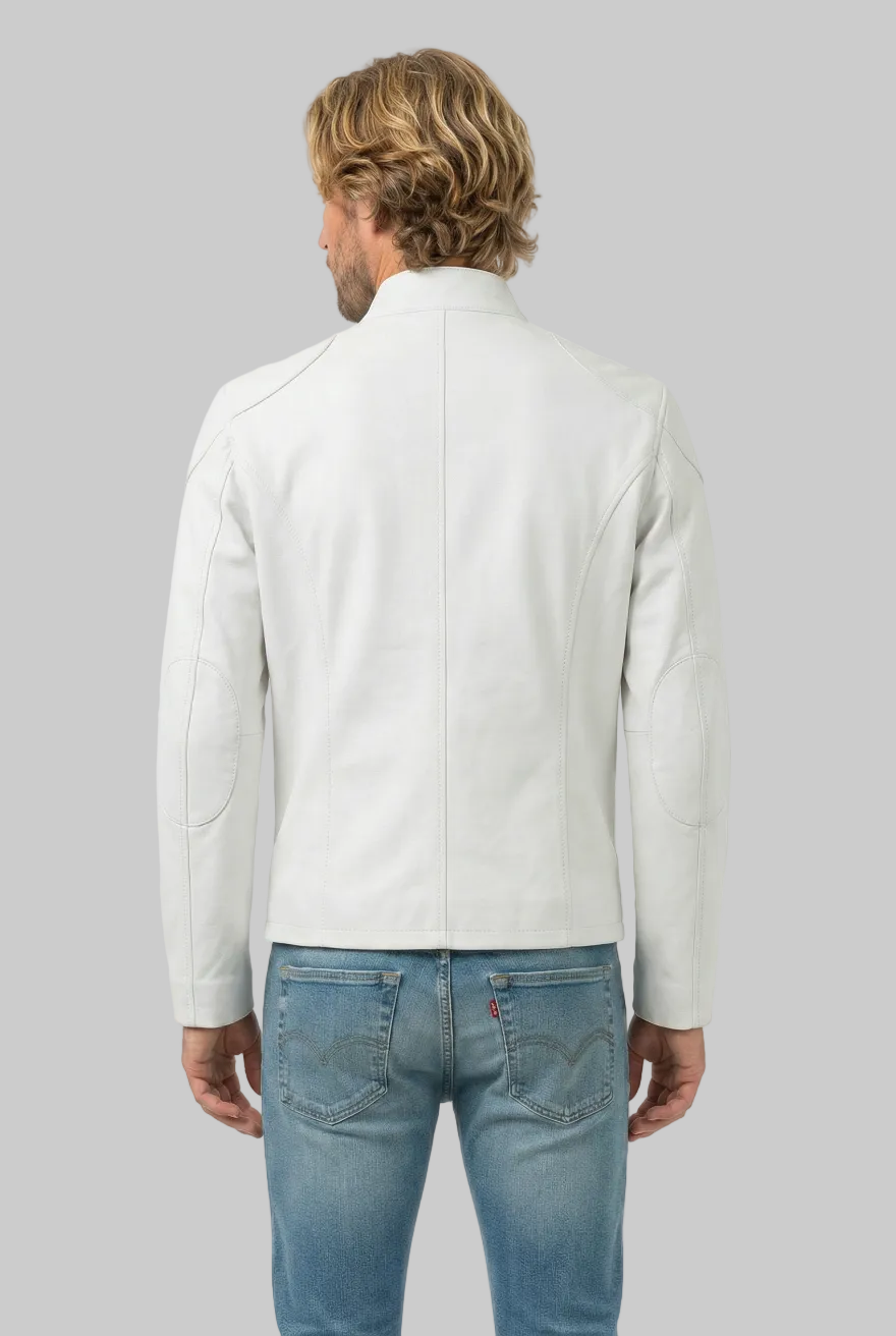 Man wearing white cafe racer jacket and blue jeans on a white background, back view.