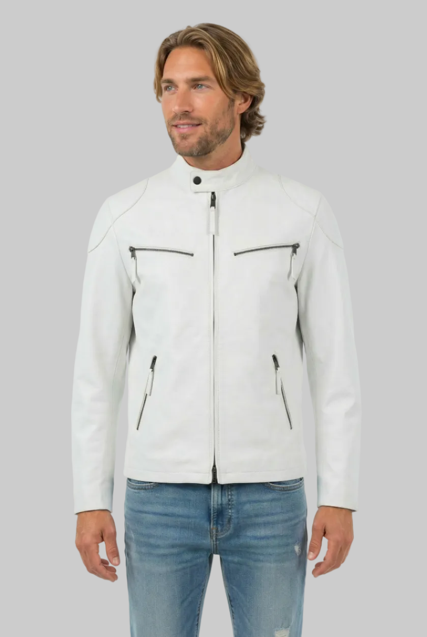 Man wearing our white  cafe racer jacket with zippers on a white background, front view. 