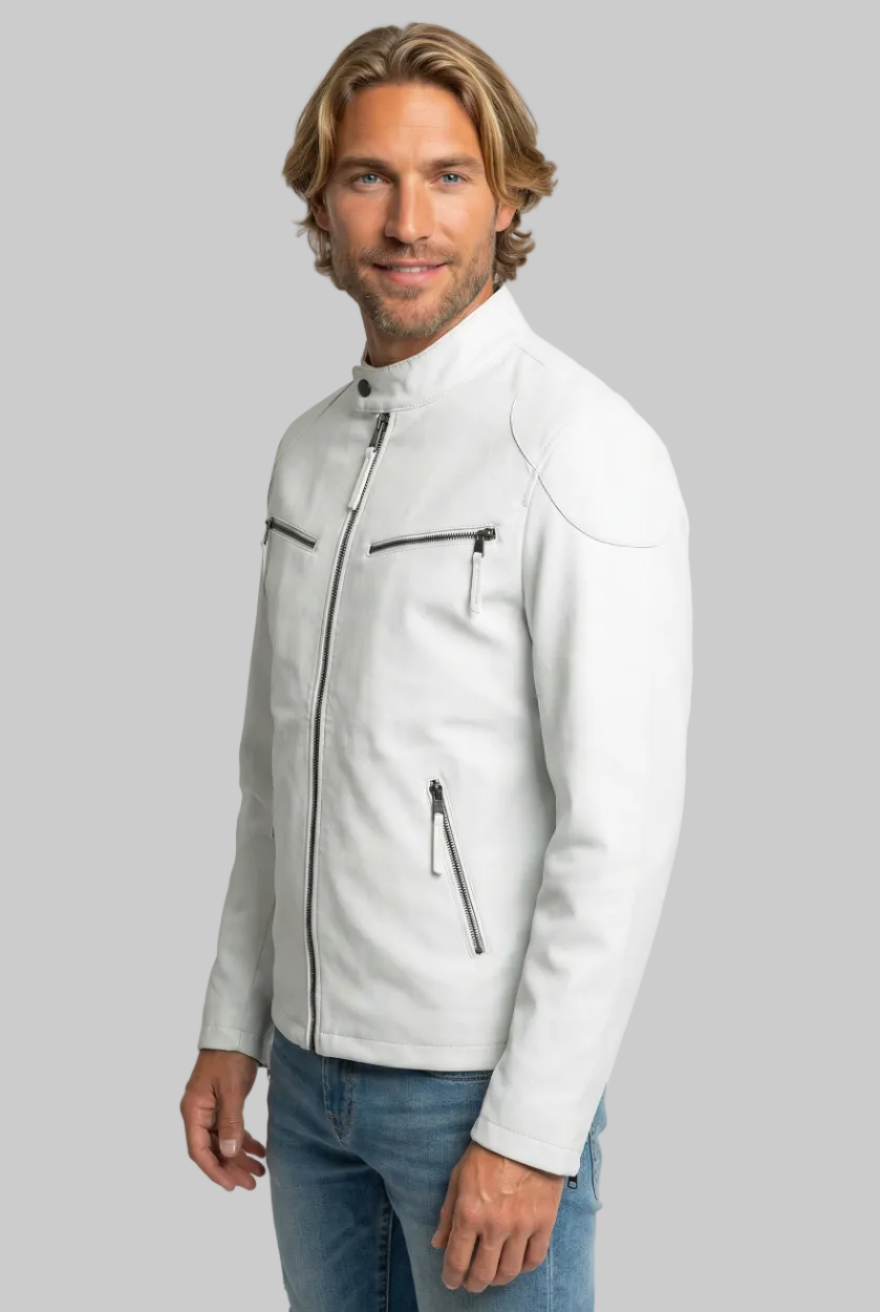 Man wearing white cafe racer leather jacket on a white background, side view.
