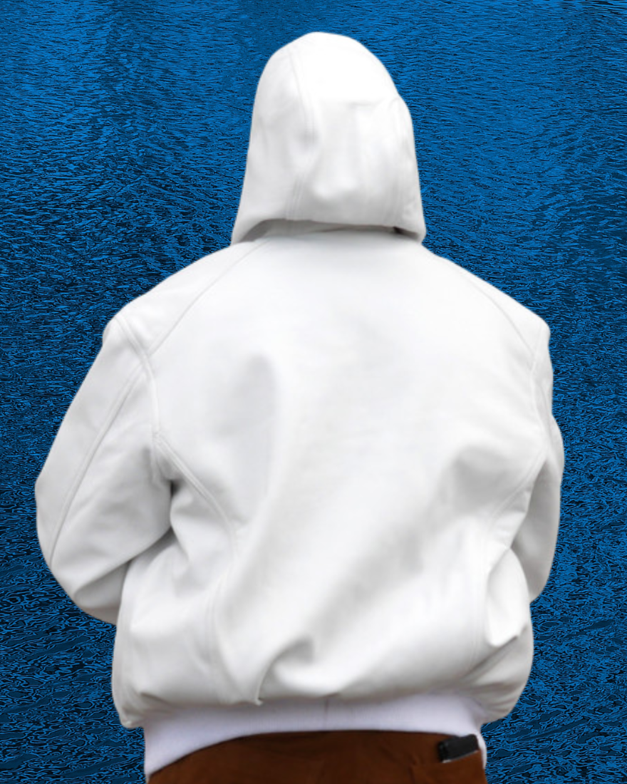 Picture of a model wearing our White Leather Shirt Jacket back view