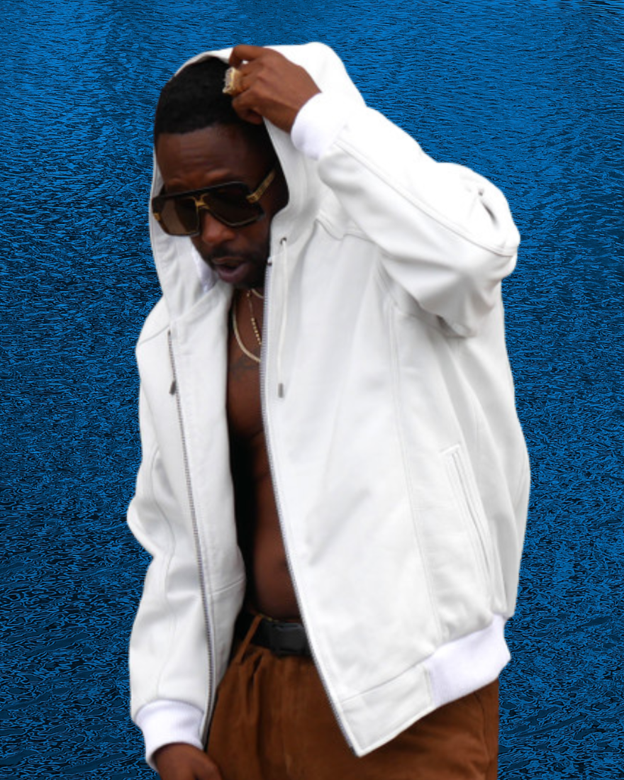 Picture of a model wearing our White Leather Shirt Jacket side view