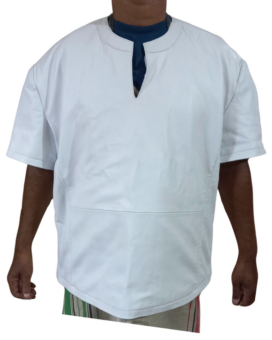 A man wearing a white leather t-shirt with a classic tunic neck design and a central slit, featuring short sleeves and side zippers. Front view.