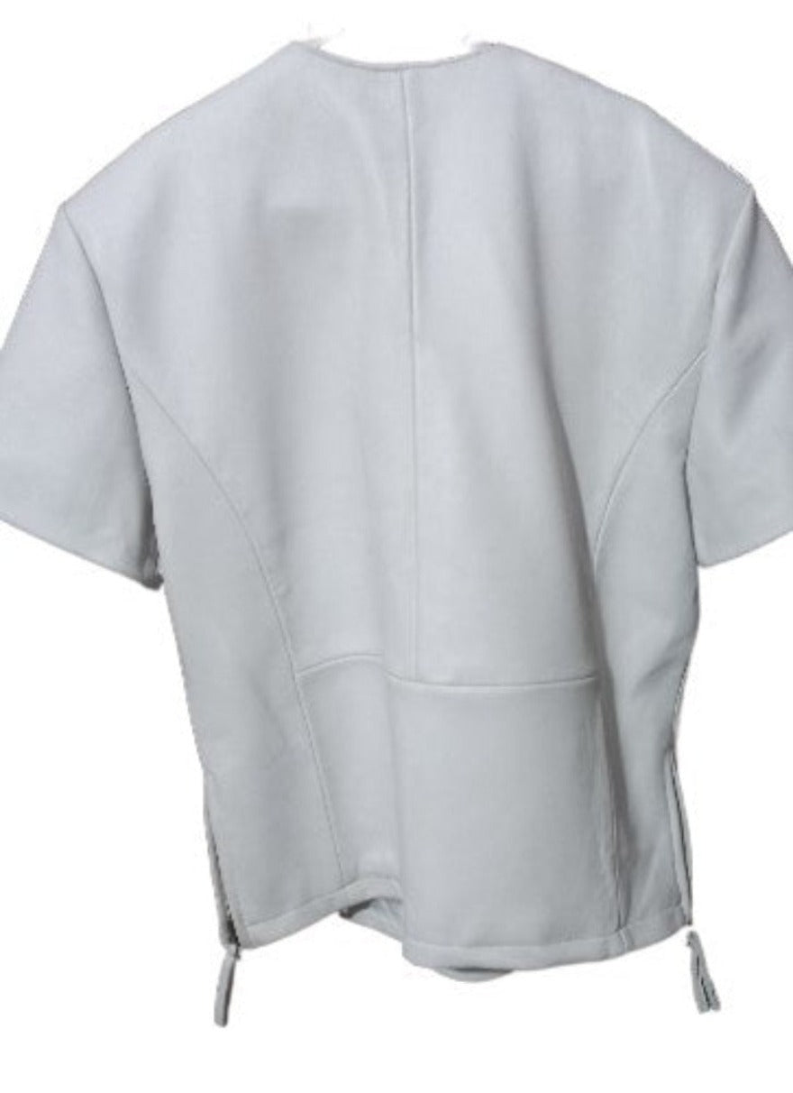 Picture of the back of our White Leather T Shirt  Mens, on a mannequin