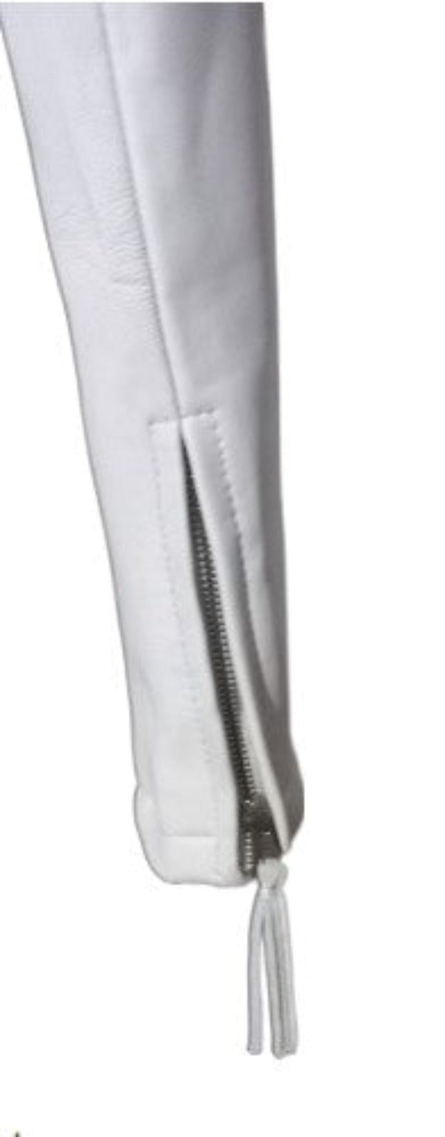 Close up view of the side zippers on our White Leather T Shirt mens.