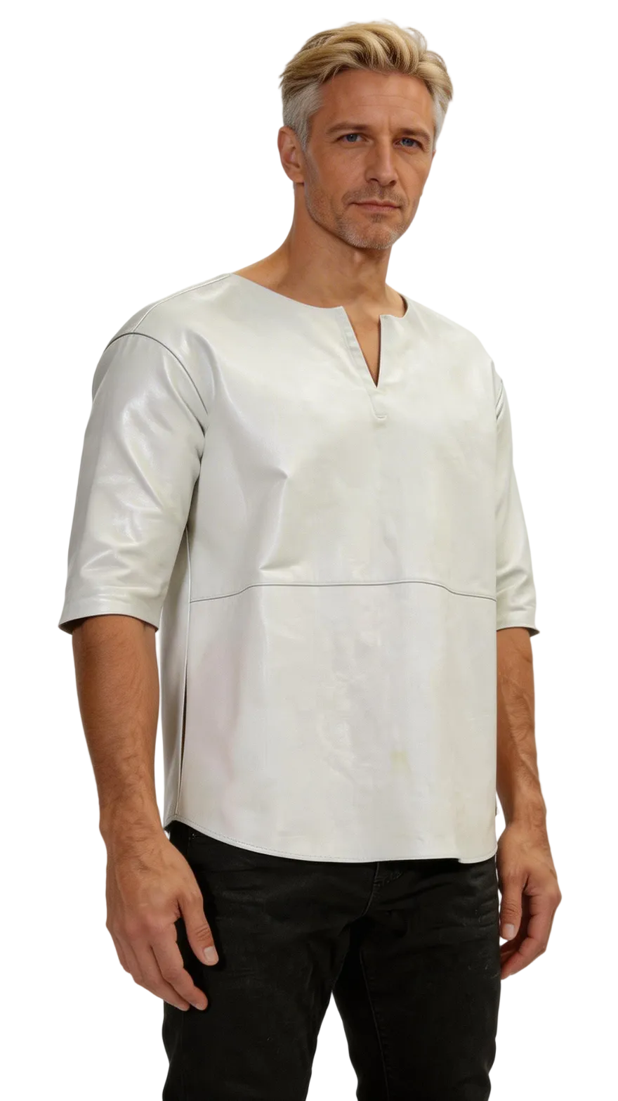 Man wearing a white short-sleeve leather tee shirt and dark pants against a white background, front view.