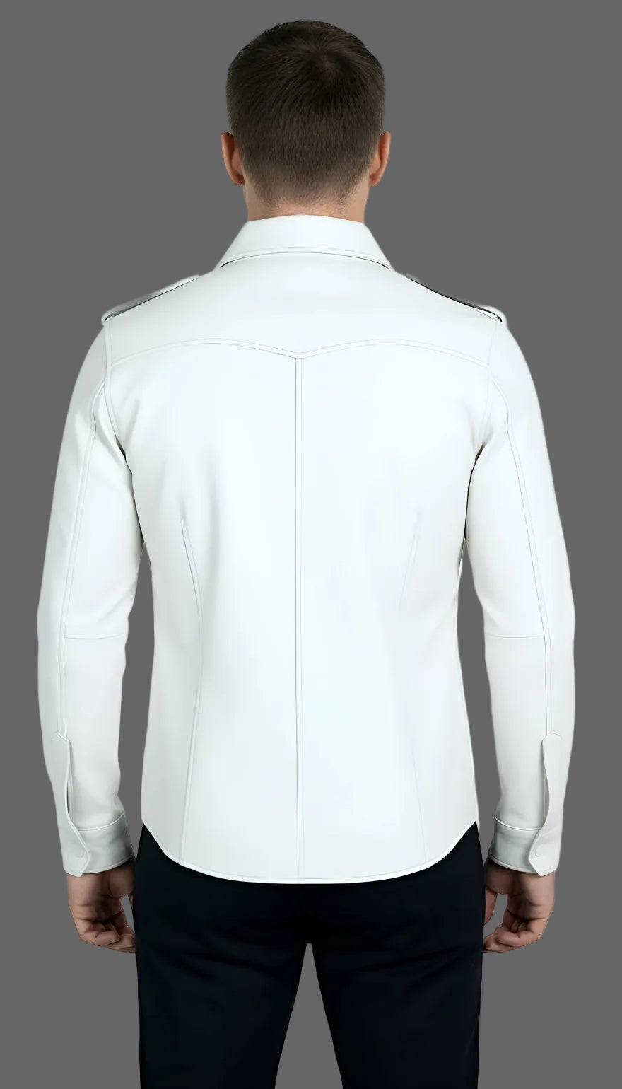 Man wearing our white leather uniform shirt, back view, on a grey background