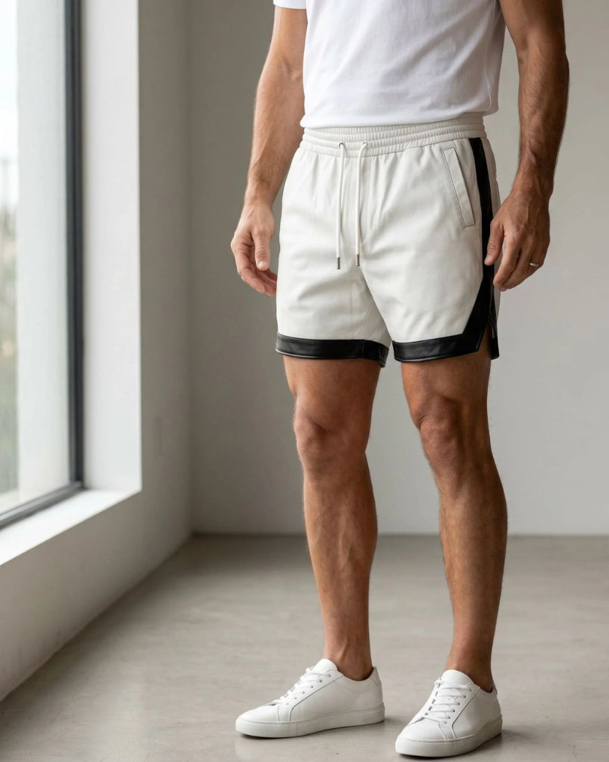 Man wearing white leather shorts with black accents and white sneakers in a minimalistic setting.