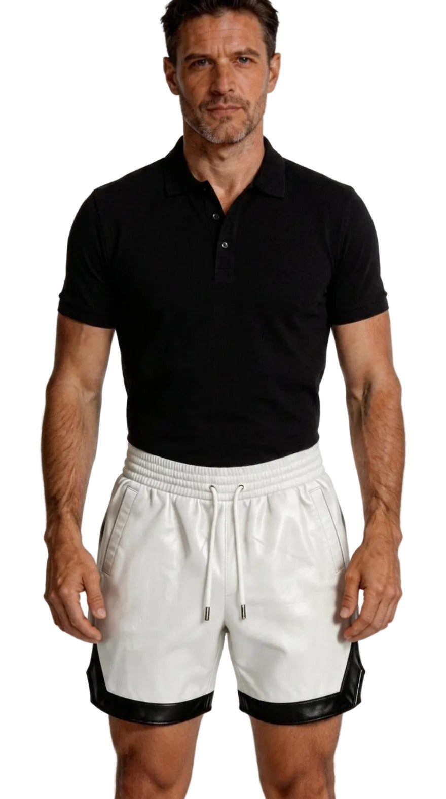 Man wearing a black cotton polo shirt and our mens white leather shorts with black side trim on a white background, front view.