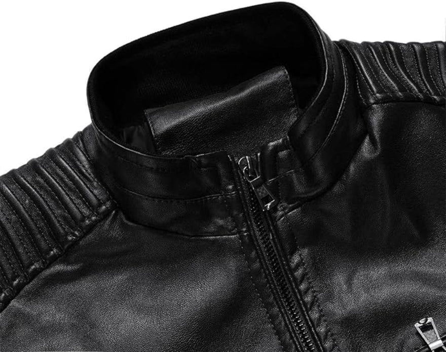 A black leather cafe racer jacket with a standing collar, zippered front, and ribbed shoulders, close up view of the collar.