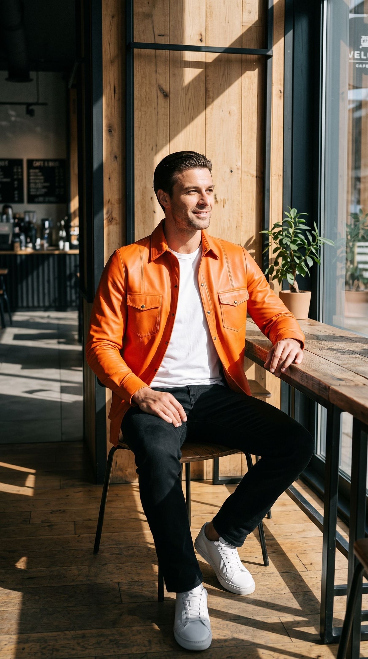 A man wearing an unbuttoned orange leather shirt over a white tee in a modern urban cafe with timber wall paneling.