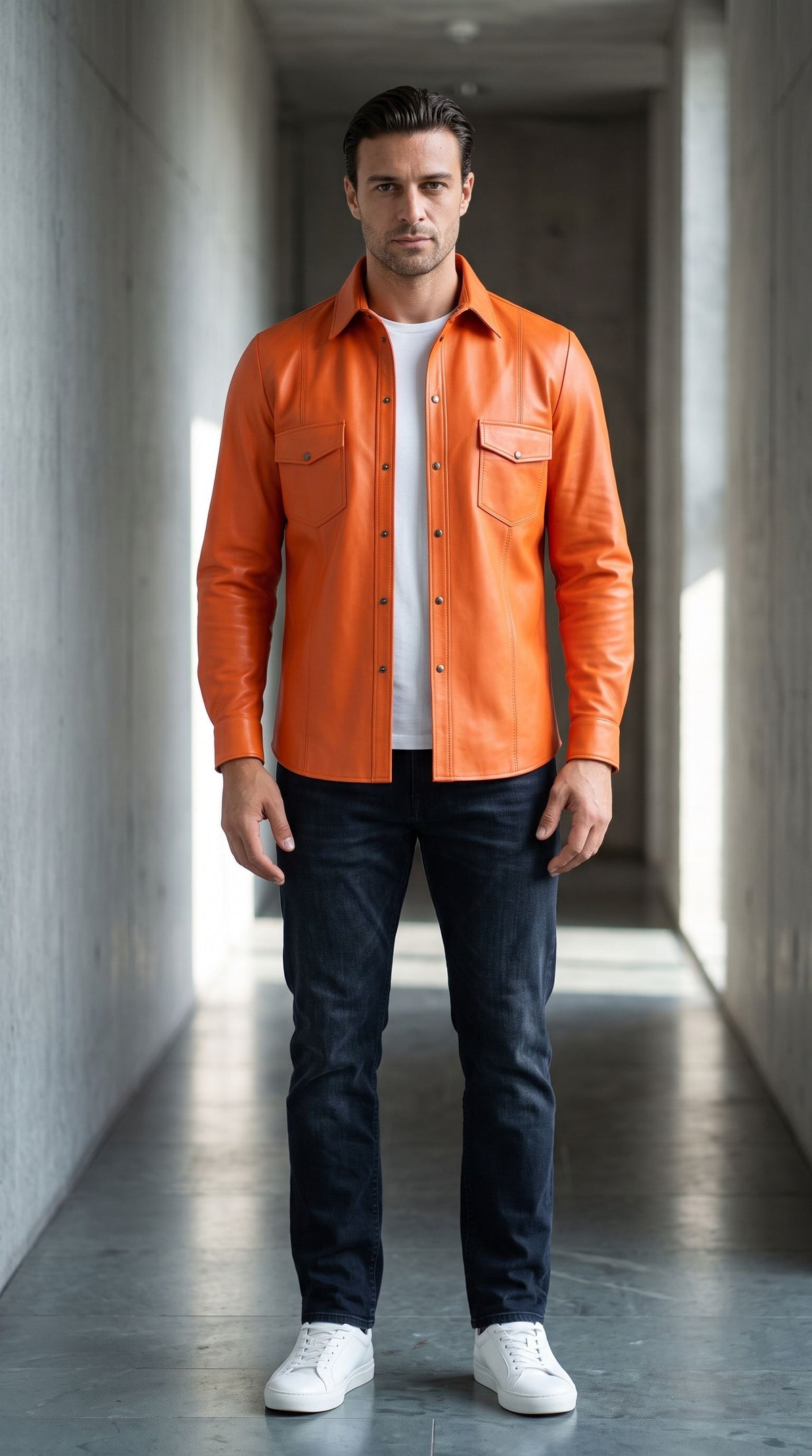 Male model wearing a vibrant orange sheepskin leather shirt layered over a white t-shirt in a minimalist architectural space.