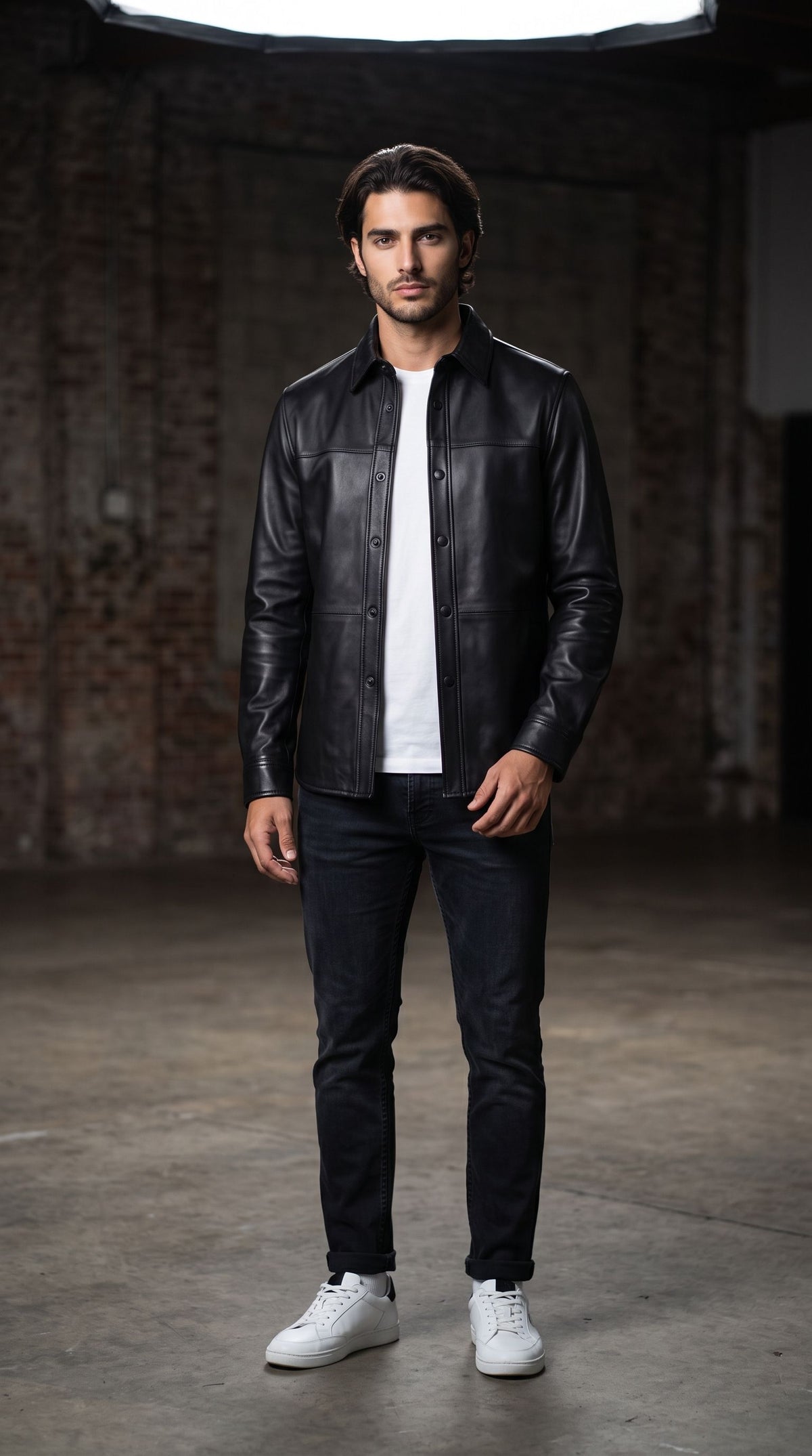 A chest-up portrait of a man wearing a black leather button-up shirt with flat chest pockets in a studio.