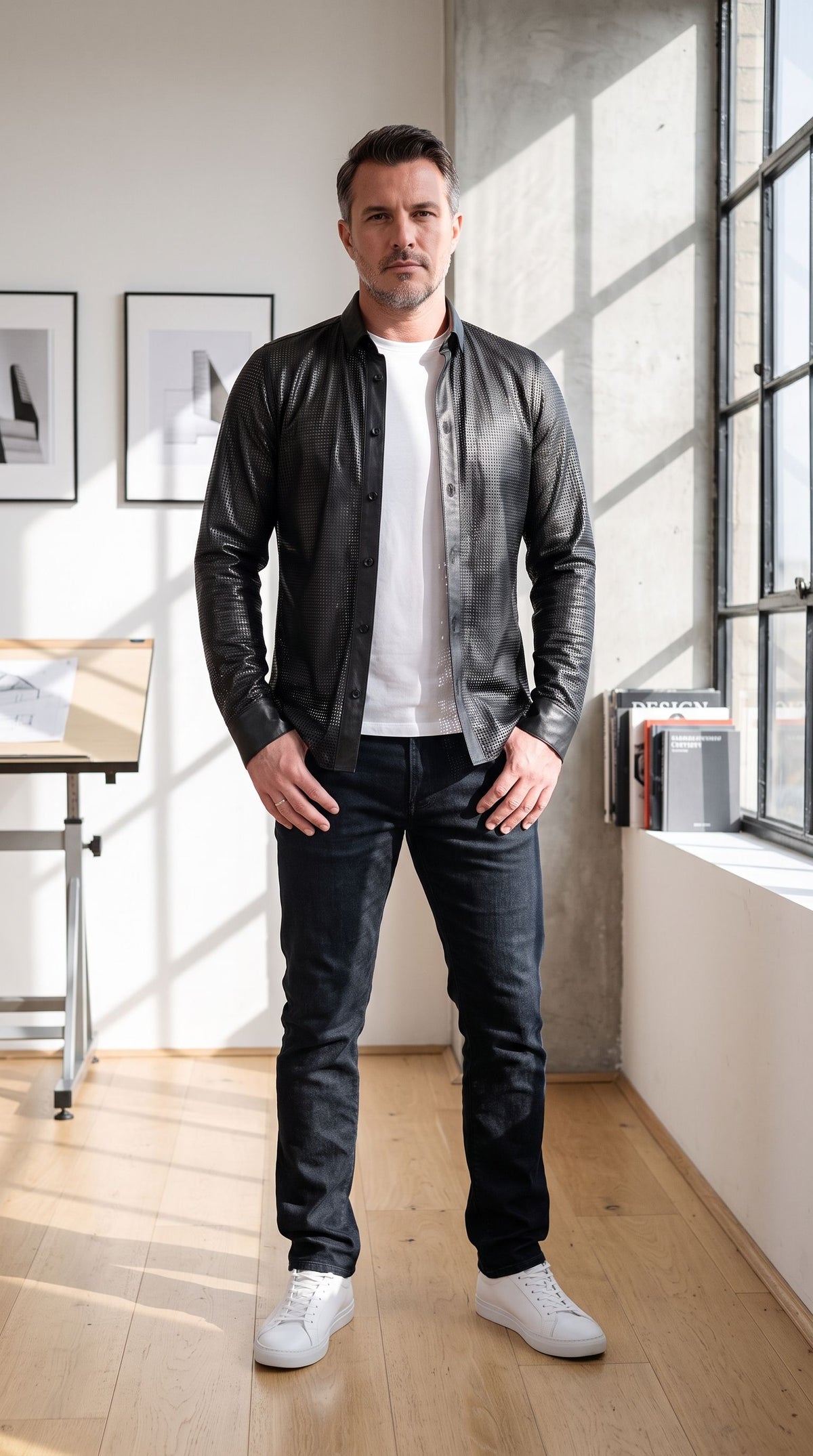 Model in a design studio wearing a black perforated leather button-up shirt worn open over a white tee.