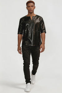 Model wearing our Black Leather T Shirt Tunic Collar, walking down and back a runway.