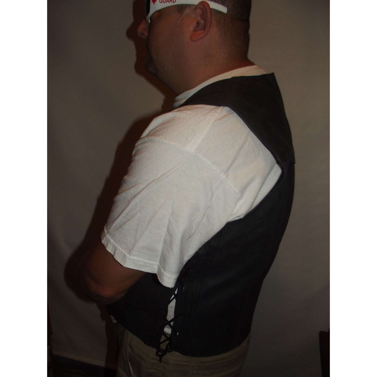 Side laced mens black leather motorcycle vest side 1