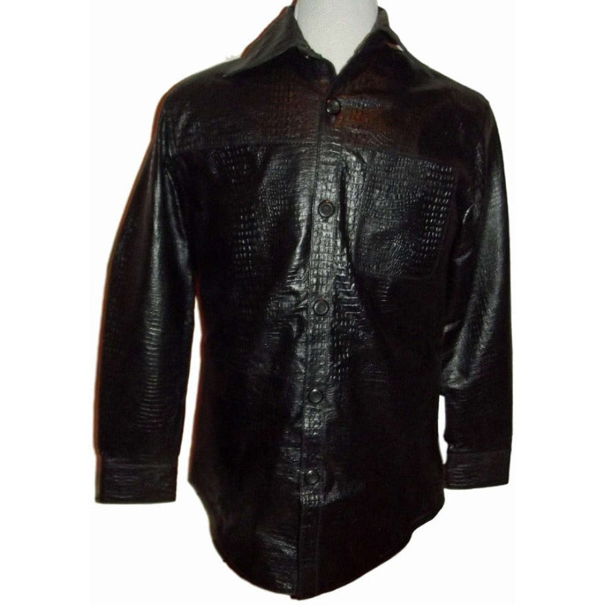  Picture of  our Mens Black Leather Alligator Shirt , front view