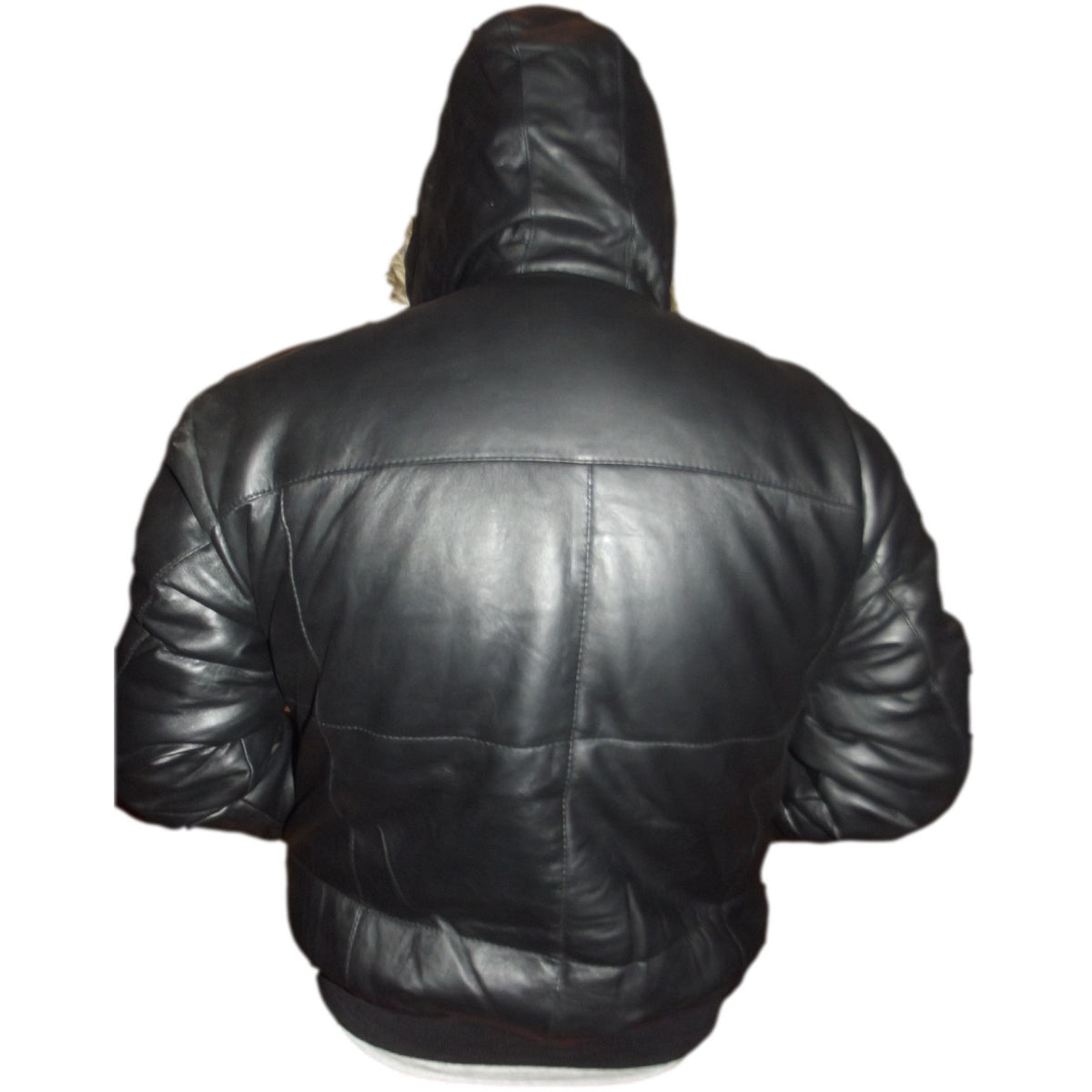 Mens Leather Jacket Black Hooded Puffy Puffer Fur Trim on hood S CLEARANCE SALE
