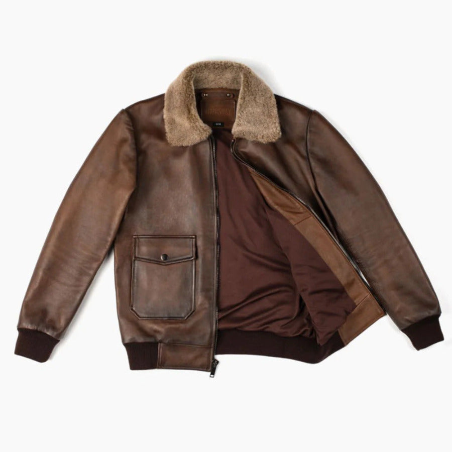 Picture of our brown waxed Pilot Leather Jacket for Ment front view with zipper open. Showing inside lining.