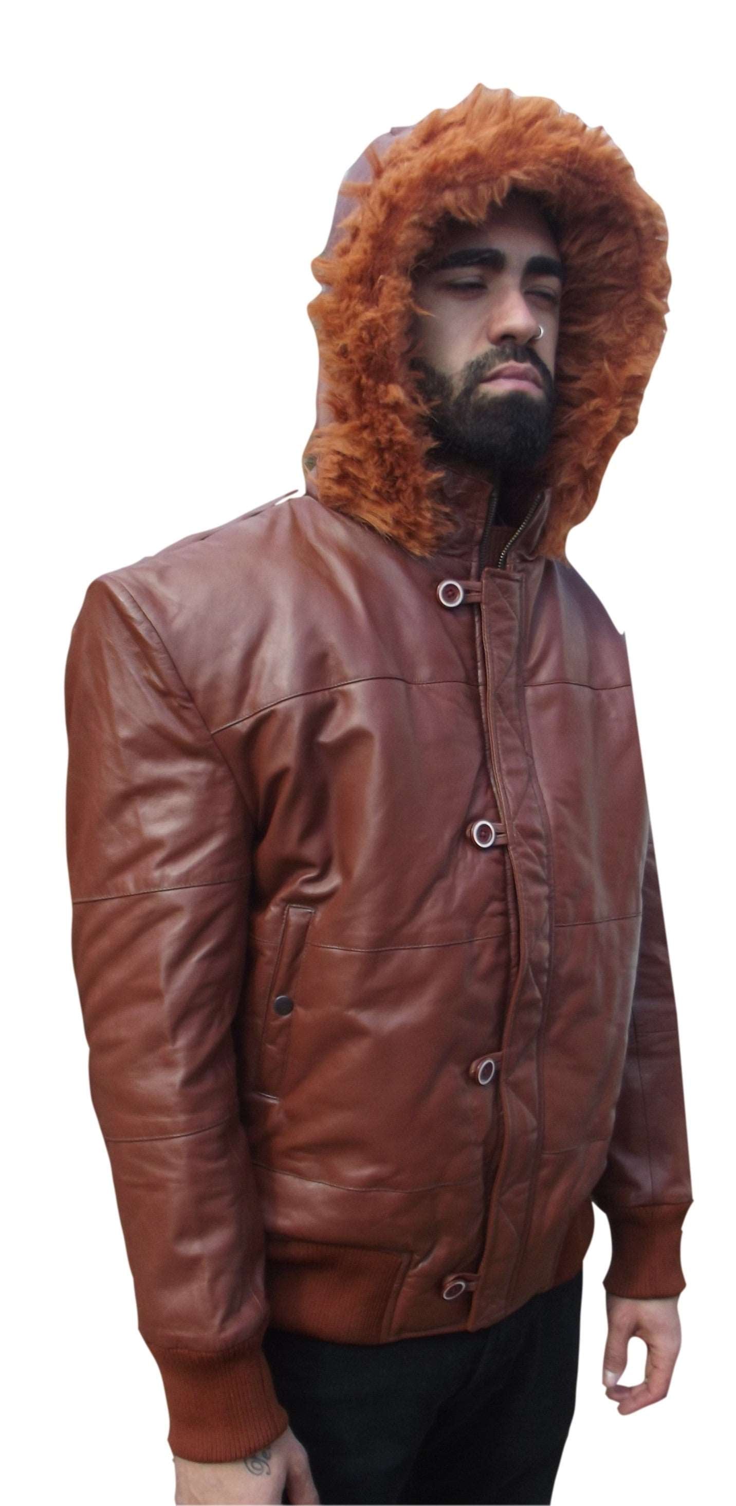 Mens Leather Jacket Brown Hooded Puffy Fur Trim XL