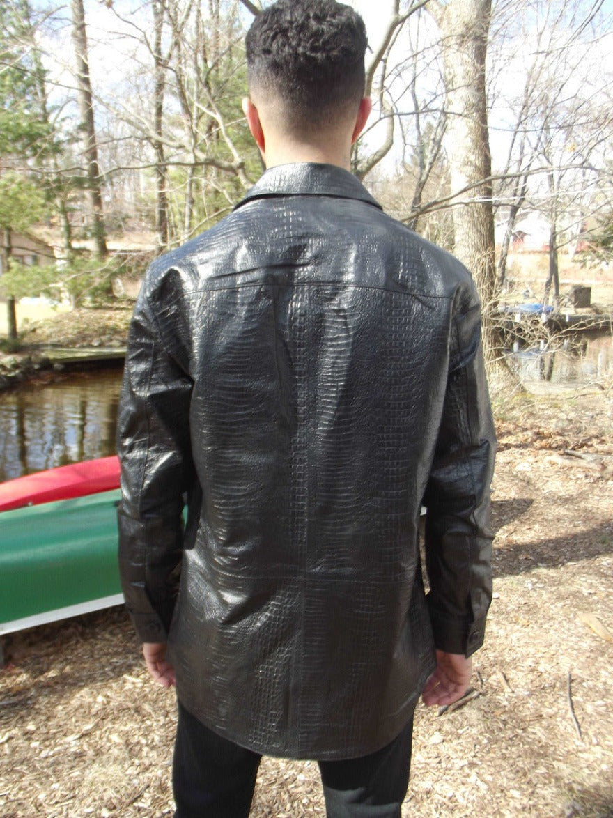  Picture of a model wearing our Mens Black Leather Alligator Shirt , back view