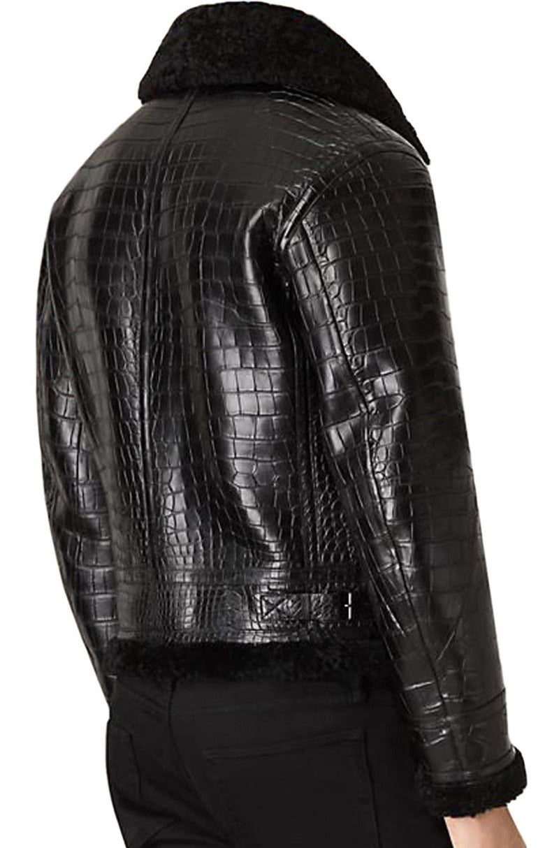 Picture of a model wearing our Black Leather Aviator Jacket, back view