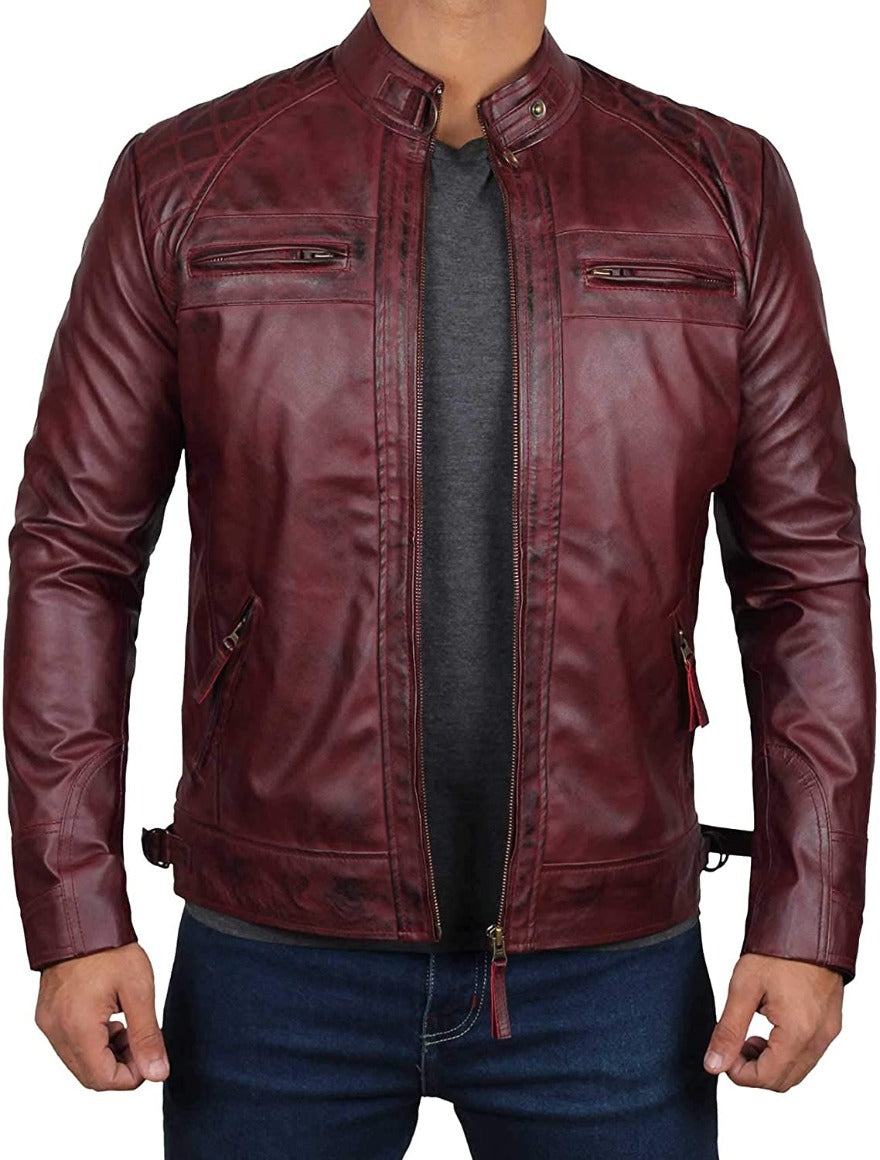 Picture of a model wearing our Maroon Cafe Racer leather jacket, front view.