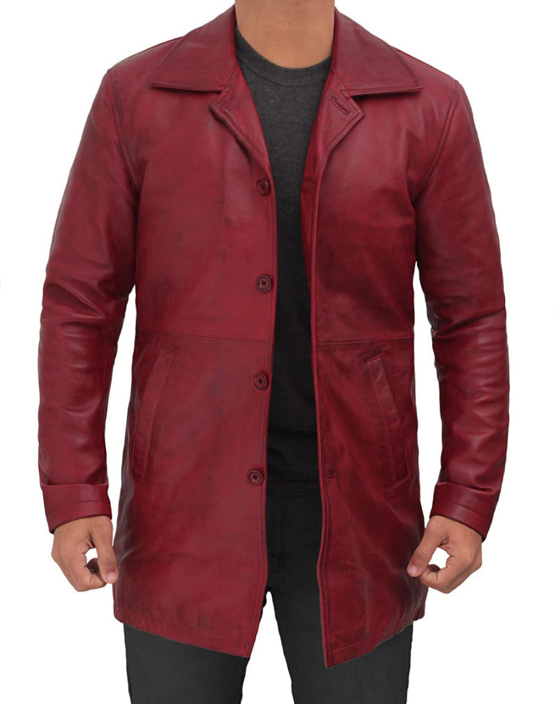Picture of a model wearing our Short Leather Trench Coat Mens maroon, front view.
