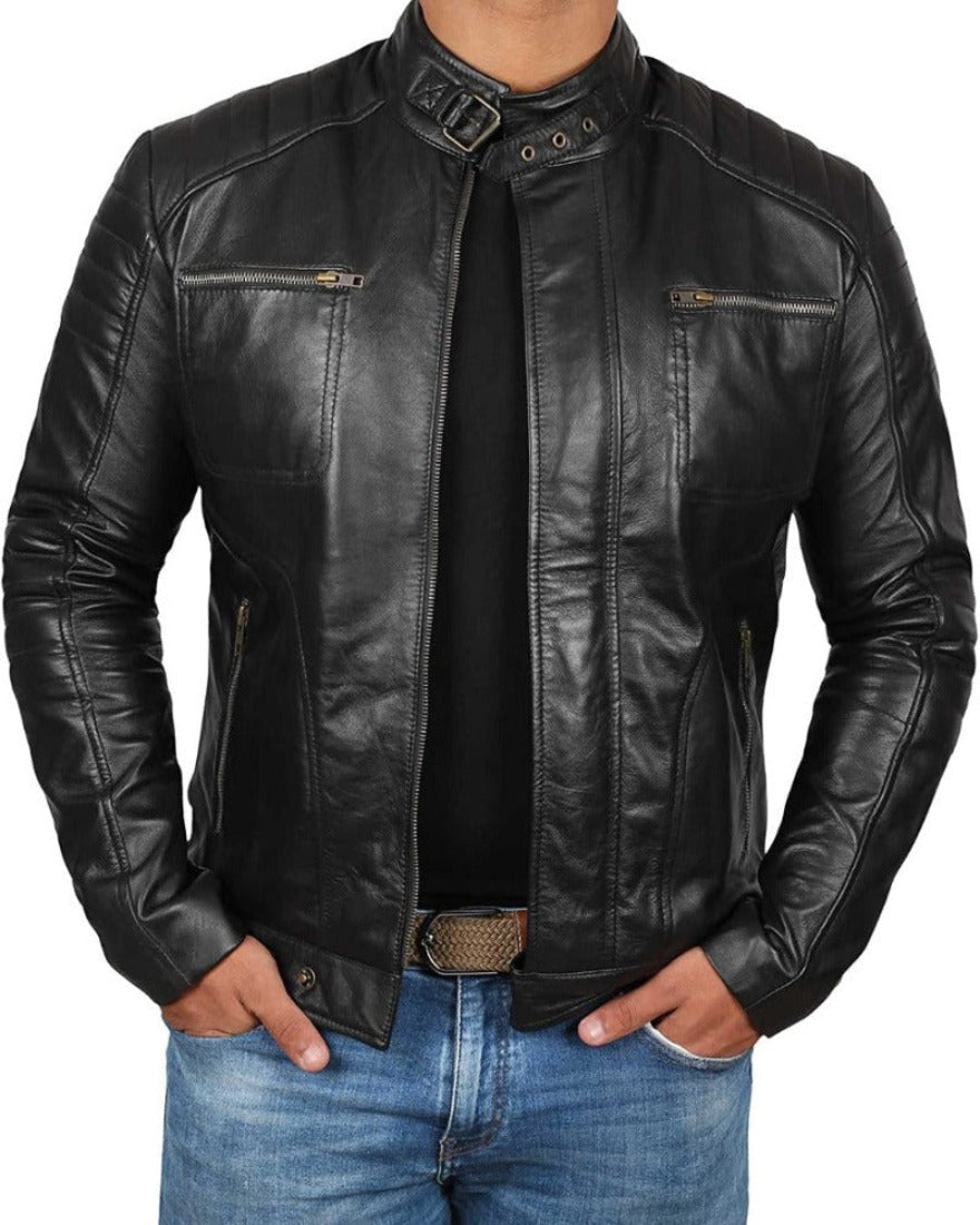 Picture of a model wearing our Black Cafe Racer Leather Jacket , front view with zipper open