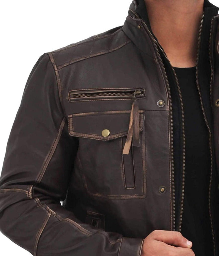 Picture of a model wearing our Mens Distressed Leather Jacket front pocket close up