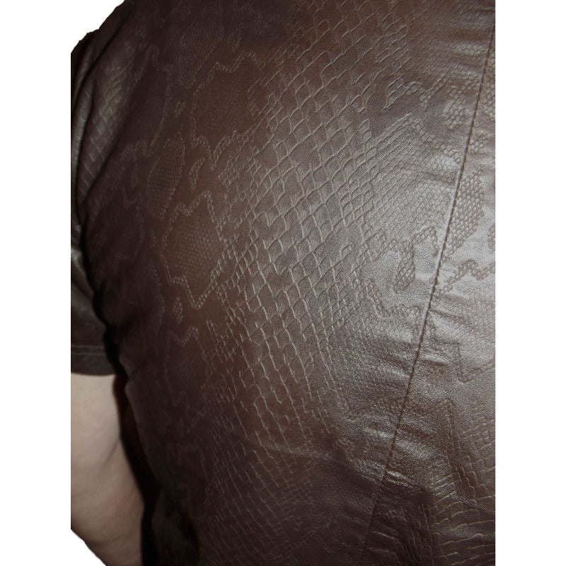 Picture of a model wearing our Mens Snakeskin T Shirt, Brown color, close up view.
