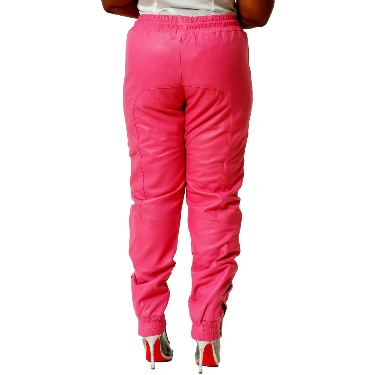 Womens Pink leather joggers back