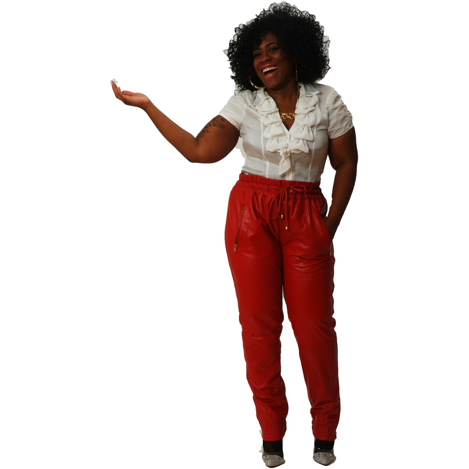 Womens Red leather joggers front