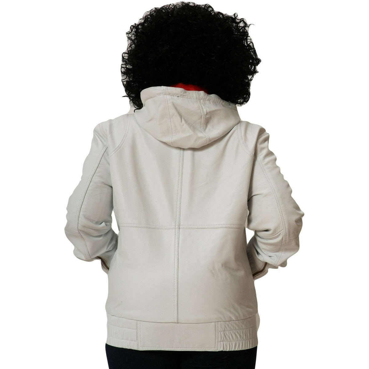 Womens white leather hooded jacket back