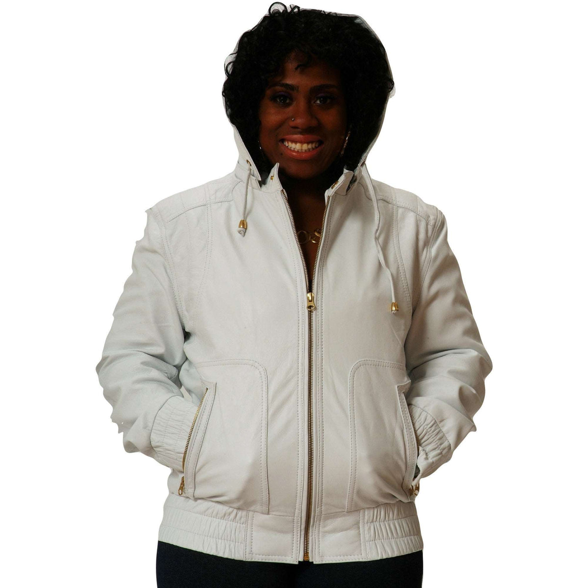 Womens white leather hooded jacket front 1