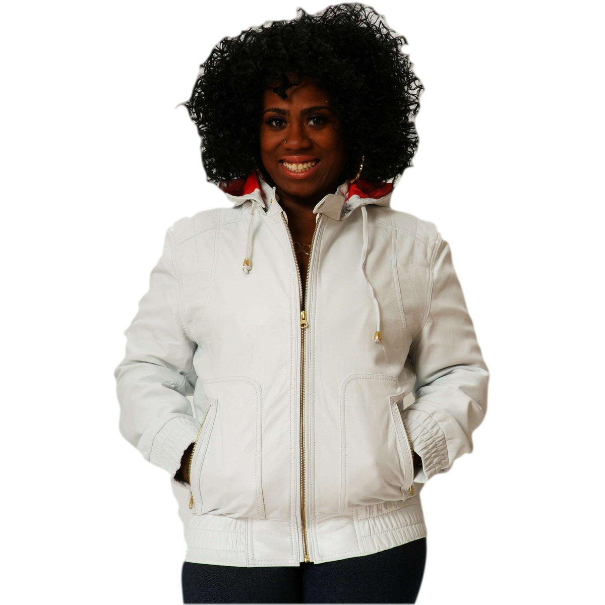 Womens white leather hooded jacket front