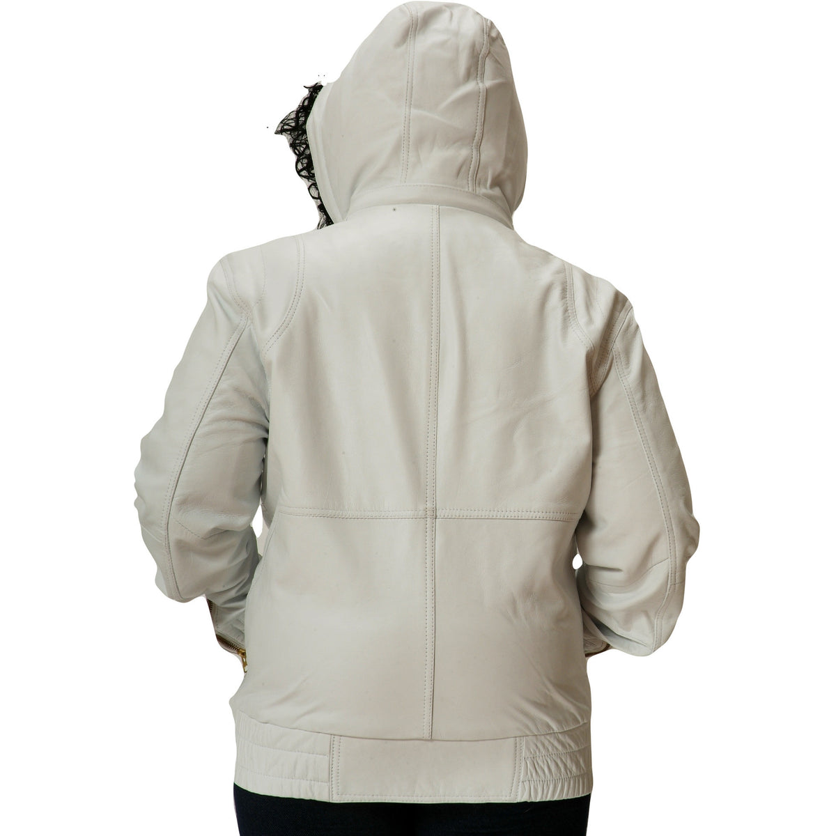 Womens white leather hooded jacket back 1