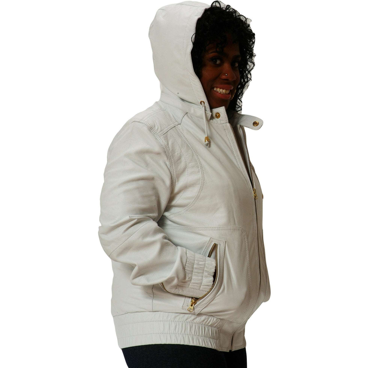 Womens white leather hooded jacket side 1